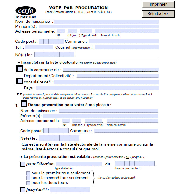 Formulaire en ligne pour le vote par procuration