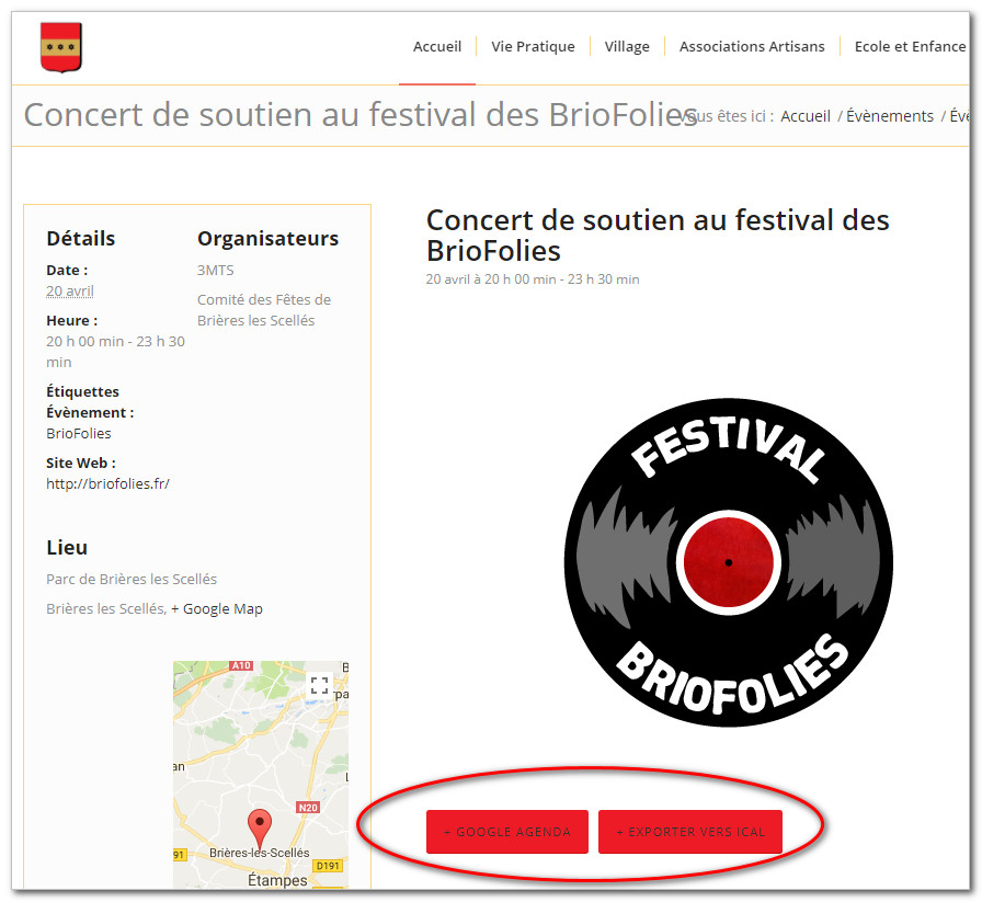 page des événements à Brières