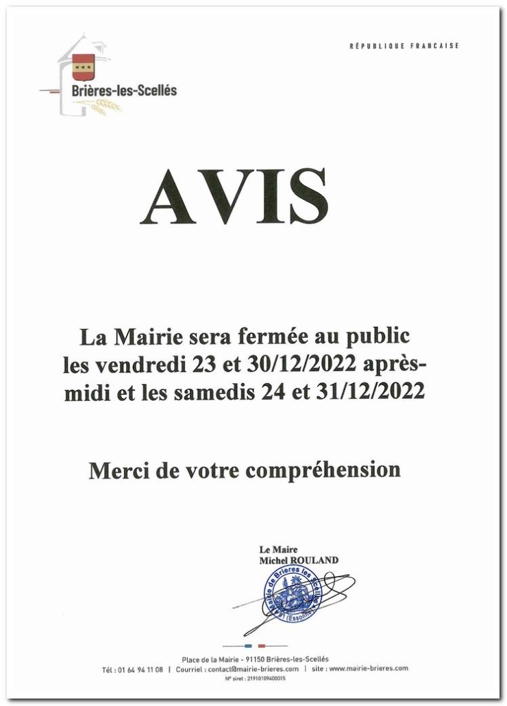 Fermetures de la mairie de Brières - décembre 2022