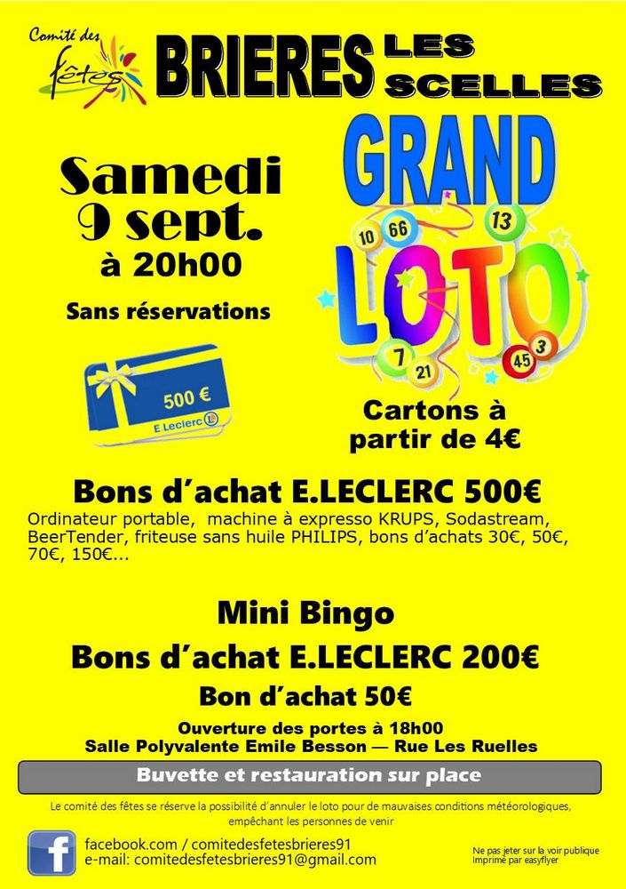 Grand LOTO de la rentrée organisé par le Comité des Fêtes Brières-les-Scellés 